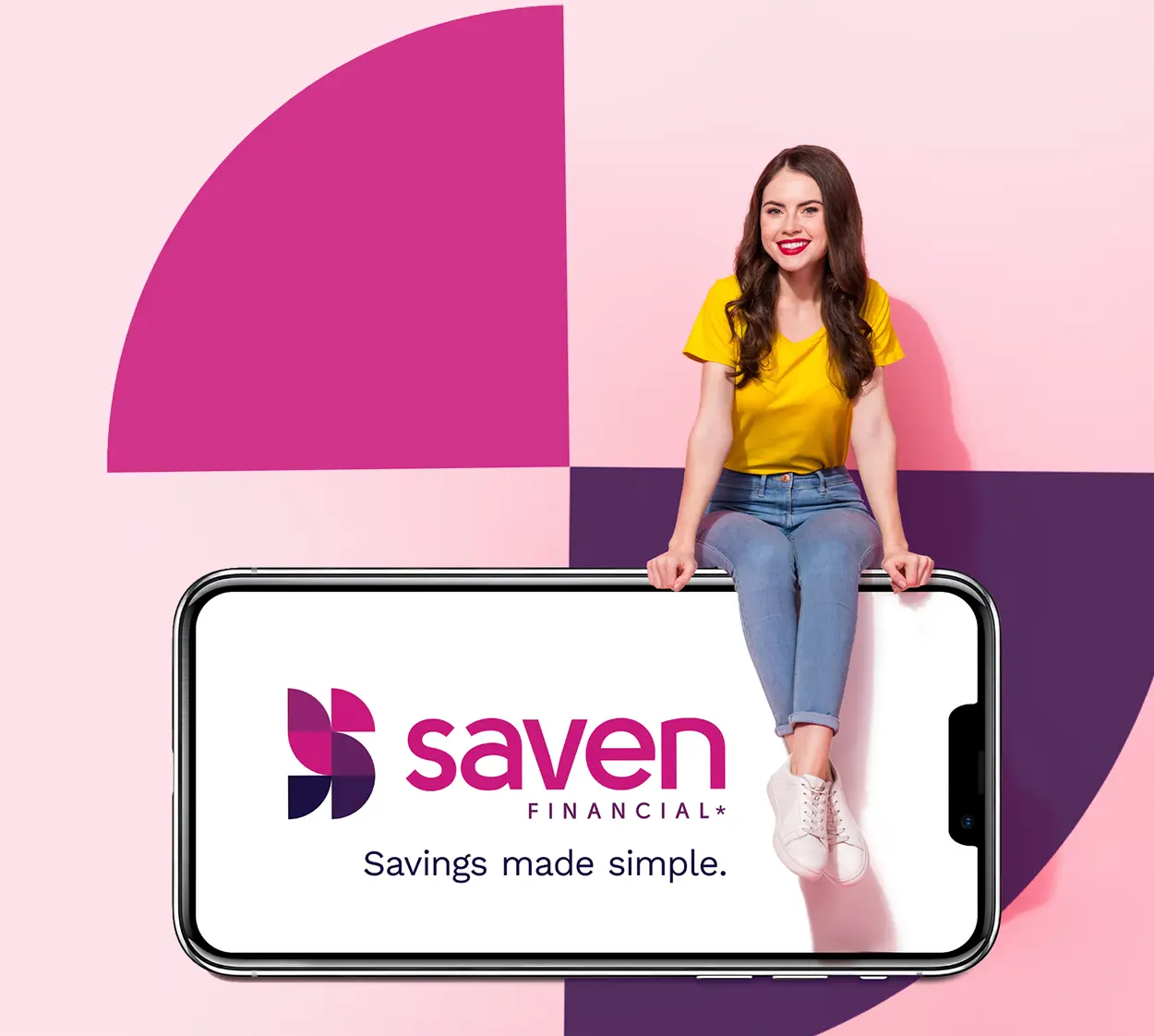Smiling woman in a yellow shirt and jeans sitting on a large smartphone displaying the Saven Financial logo Smiling woman in a yellow shirt and jeans sitting on a large smartphone displaying the Saven Financial logo